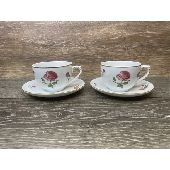 Ralph Lauren Daphne Tea Cup & Saucer w/Red Roses and Gold Trim ~ Set of 2